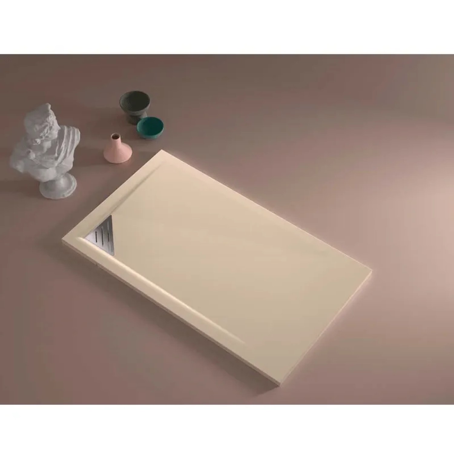 Mirlo Mineralguss Duschwanne Extra Flach Trinity Creme Ablaufschutz Chrom Ablauf Linksbündig 90x110cm