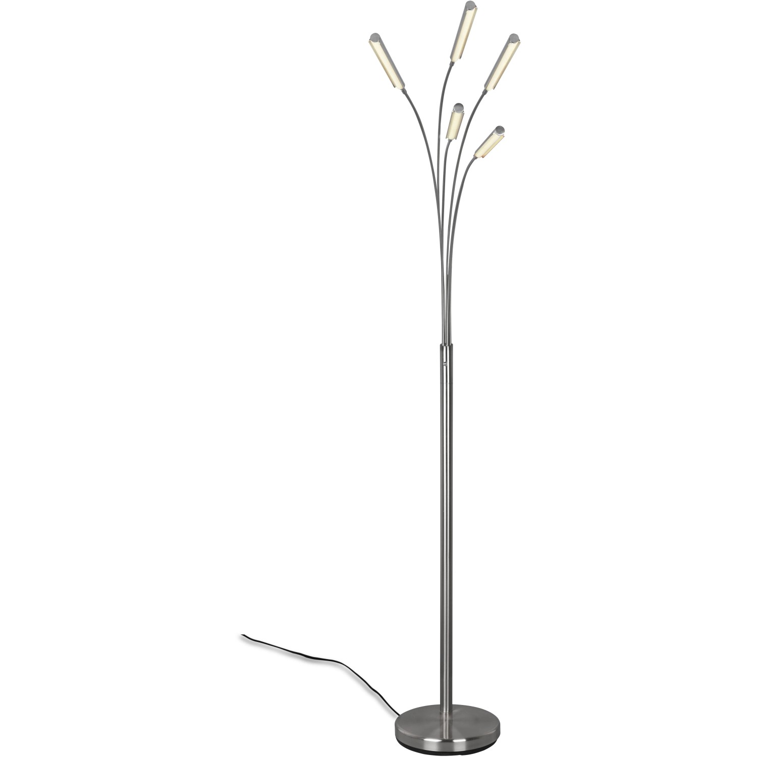 Moderne LED Stehleuchte Reed in Nickel matt mit fünf Leuchten für Wohnzimmer.