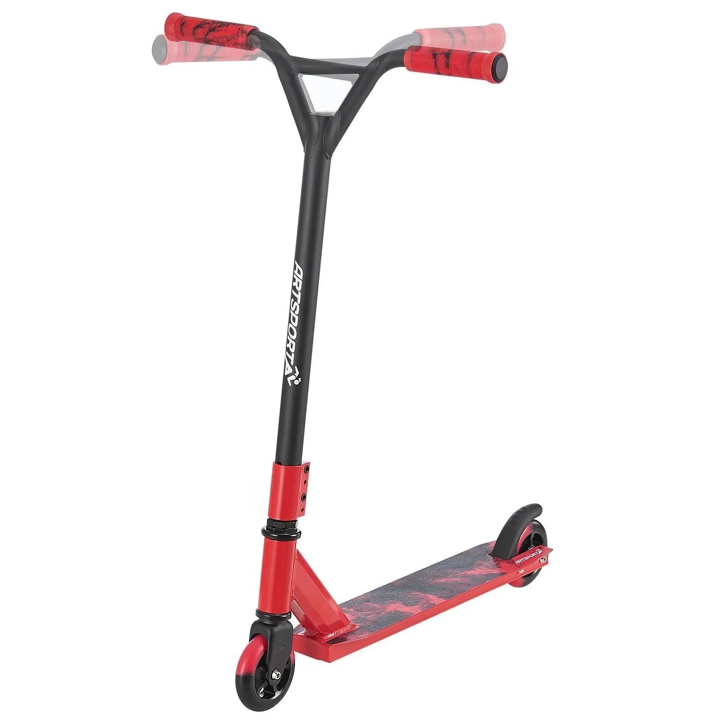 ArtSport Stuntscooter Red Smoke in Rot-Schwarz mit 360°-Lenker, roten Griffen und gemustertem Alu-Deck.