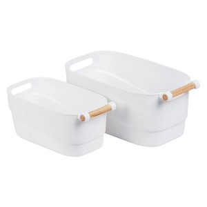 Wenko Organizer, 2 weiße Kunststoffboxen mit Holzgriffen, Badhelfer für Ordnung.