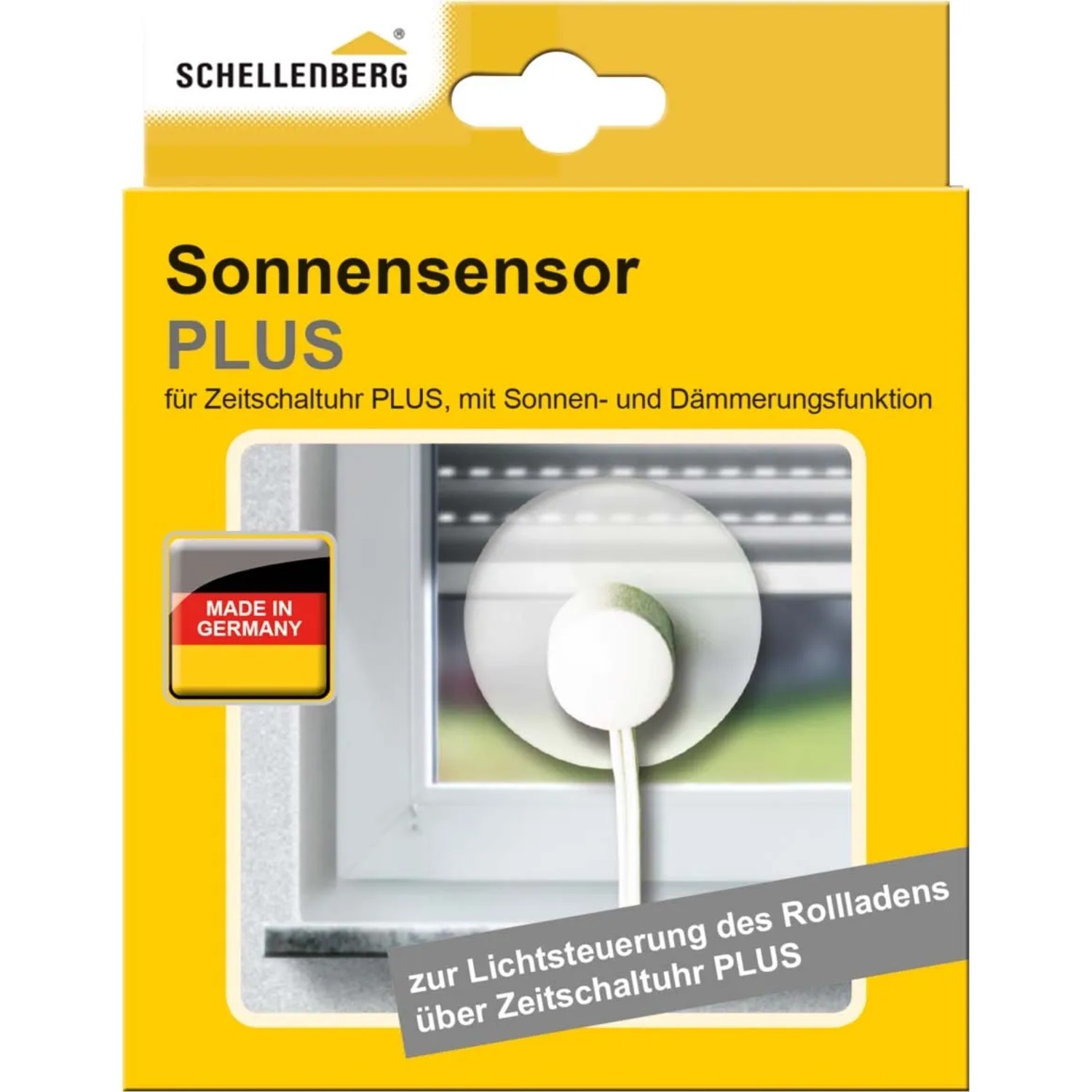 Verpackung des Schellenberg Sonnensensor Plus 1,5m Weiß für Rollladensteuerung per Zeitschaltuhr.