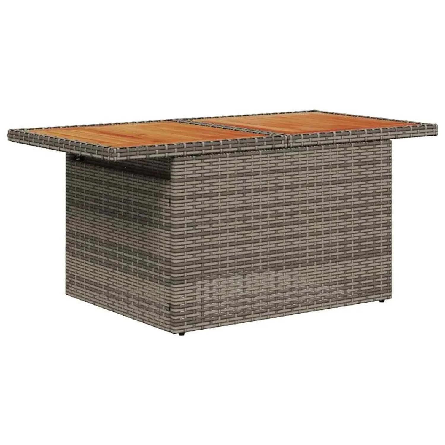 Grauer vidaXL Gartentisch aus Rattan mit Holzplatte, Teil des 7-tlg. Garten-Sofa-Sets mit Stauraum.