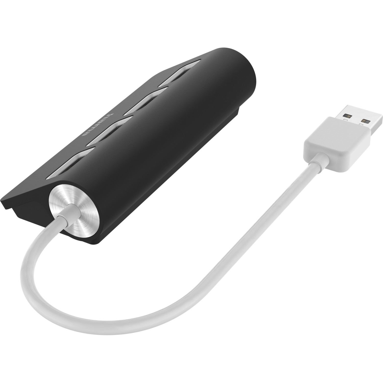 Schwarzer Hama USB-Hub mit 4 Ports USB 2.0 für Computerzubehör.