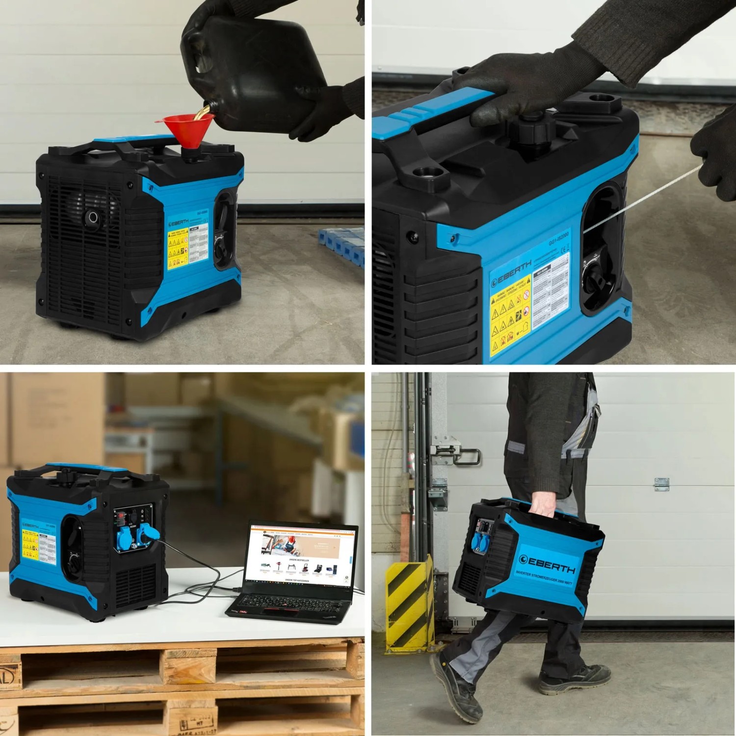 EBERTH 2000 Watt Inverter Stromerzeuger in Nutzung: Betanken, Ölstand prüfen, Betrieb mit Laptop, Transport.