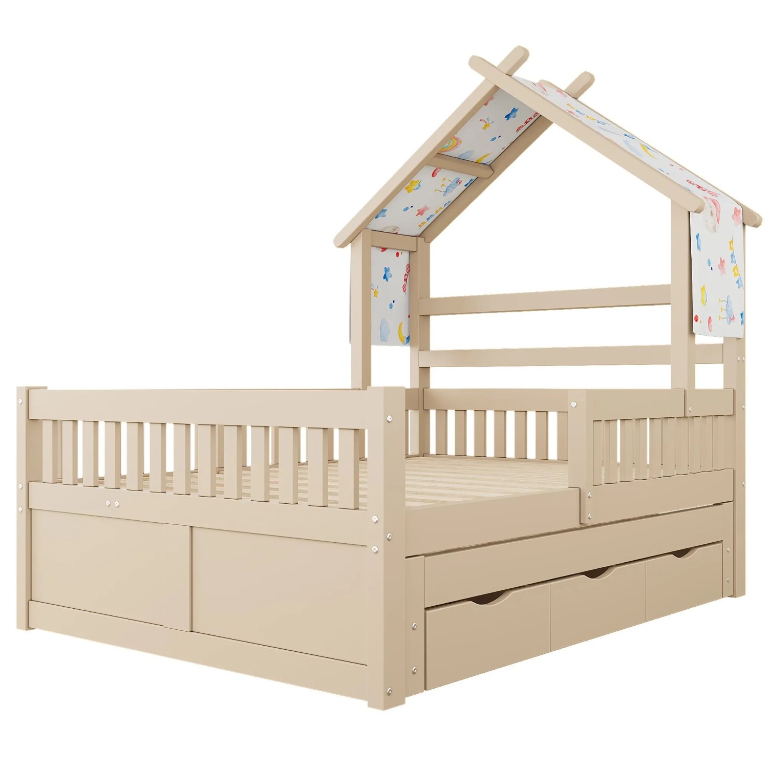 Merax Holz Hausbett 140x200 cm Mit Ausziehbett 3 Schubladen Schutzgittern Creme