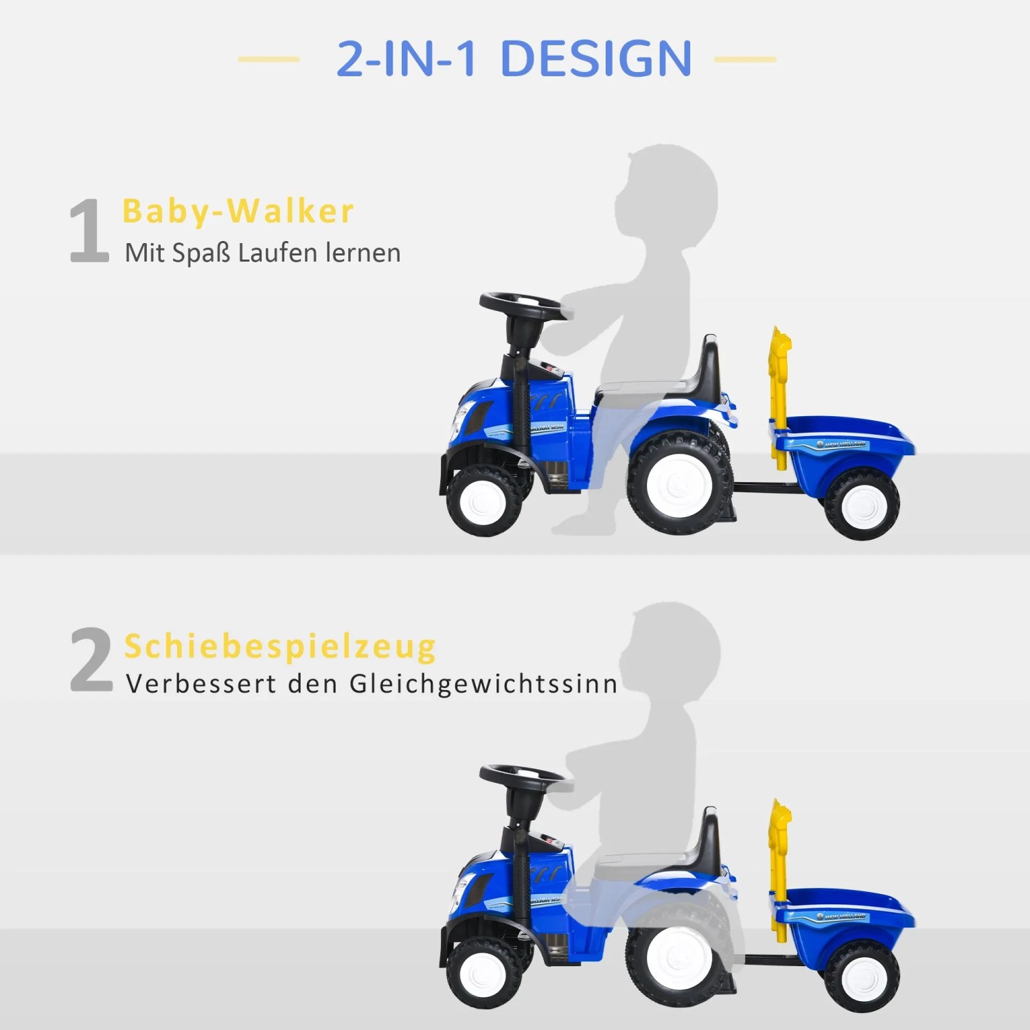 Blaues HOMCOM Kinder Rutschauto mit Anhänger, als Laufhilfe und Schiebespielzeug. 2-in-1 Kindertraktor.