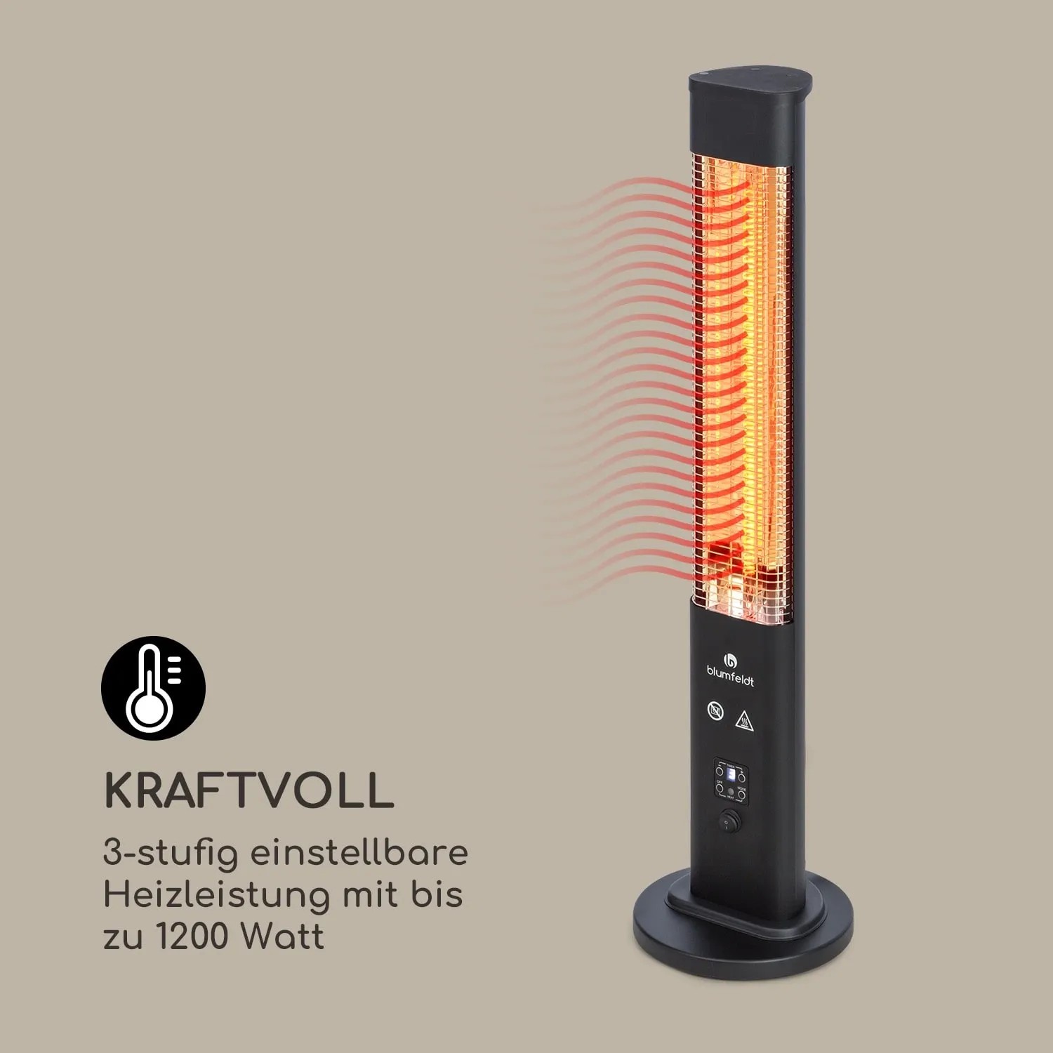 Schwarzer Blumfeldt Heat Guru Plus Terrassenheizer mit Infrarotwärme und 3 Heizstufen.