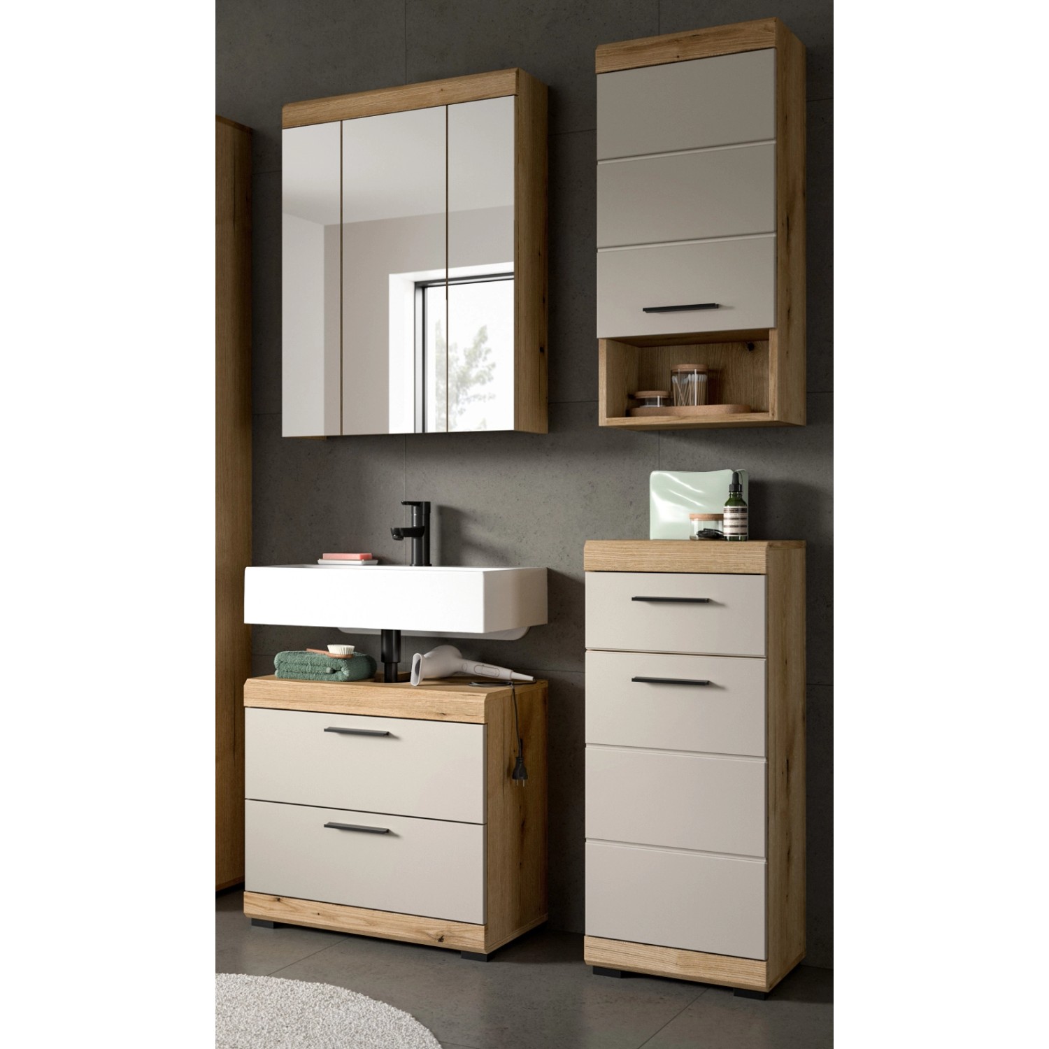 Inn.Furn Badmöbel Set in Sand und Eiche 4-teilig 112 cm Shawn günstig online kaufen