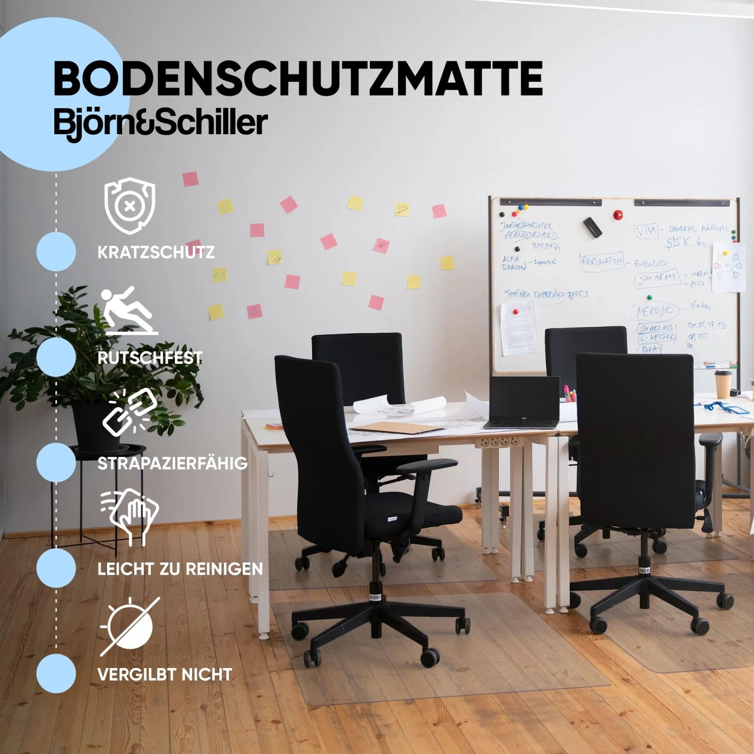 Transparente Björn&Schiller Bodenschutzmatte unter Bürostuhl im Büro, schützt vor Kratzern.
