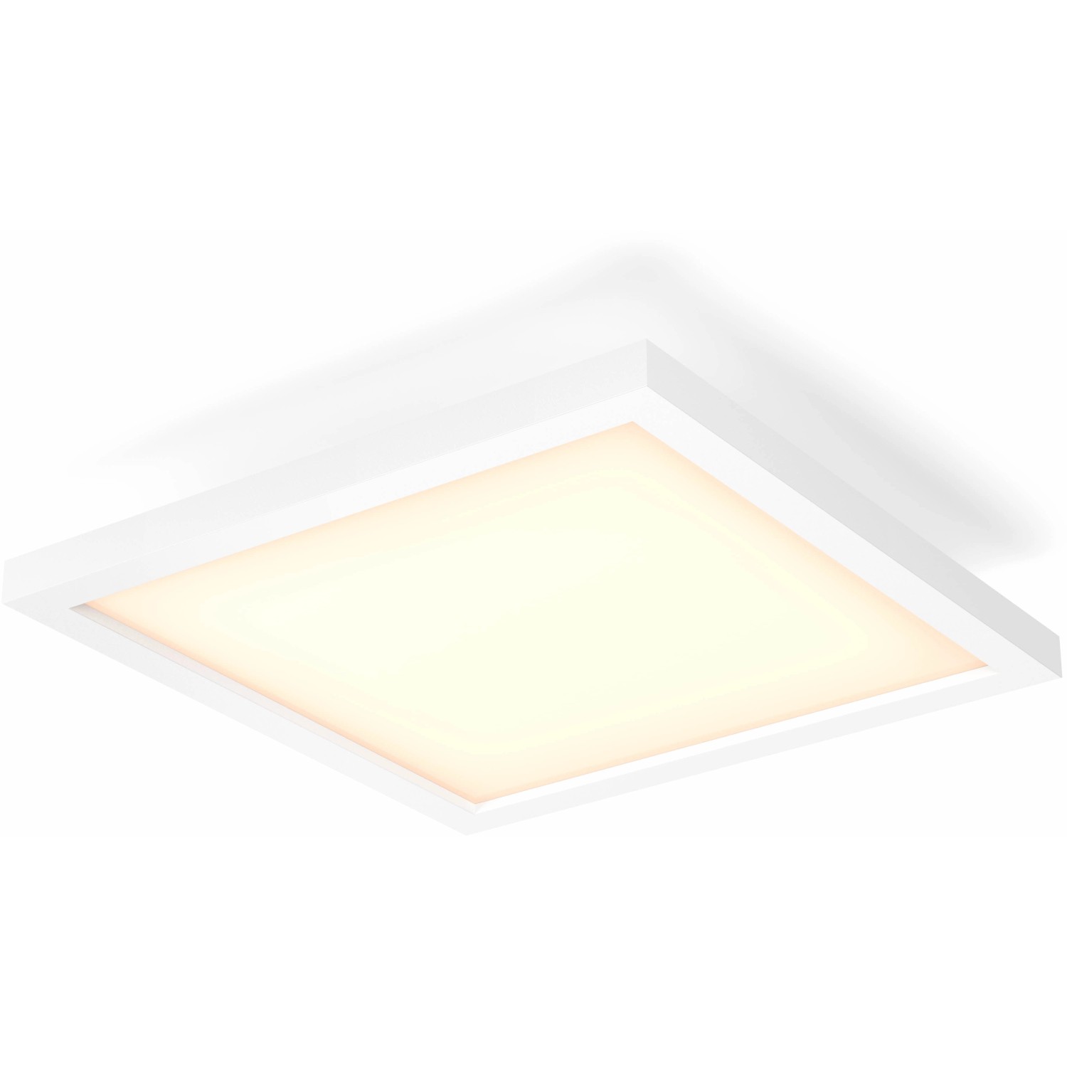 Weiße, eckige Philips Hue LED Deckenleuchte Aurelle, 60x60 cm, mit warmweißem Licht.