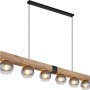 Globo Pendelleuchte Moitas, 6-flammig, schwarz matt, Rauchglas, Holzoptik, 140cm breit.