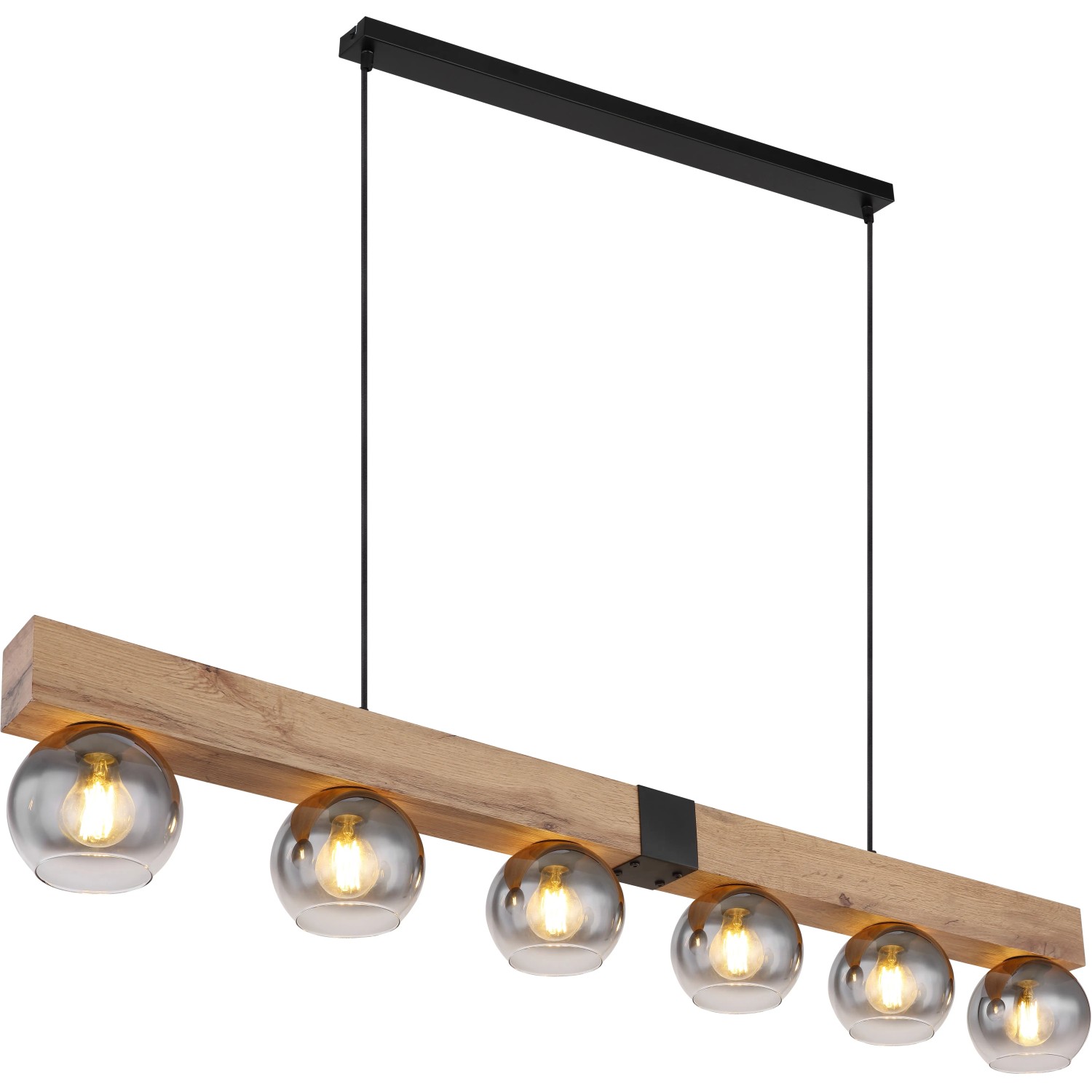 Globo Pendelleuchte Moitas, 6-flammig, schwarz matt, Rauchglas, Holzoptik, 140cm breit.