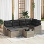 Hellgraues 7-teiliges Garten-Sofa-Set aus Poly Rattan von vidaXL mit Tisch und schwarzen Kissen.
