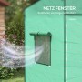 Detailansicht des grünen Furnicato Tomatengewächshauses mit geöffnetem Mesh-Fenster zur Belüftung.