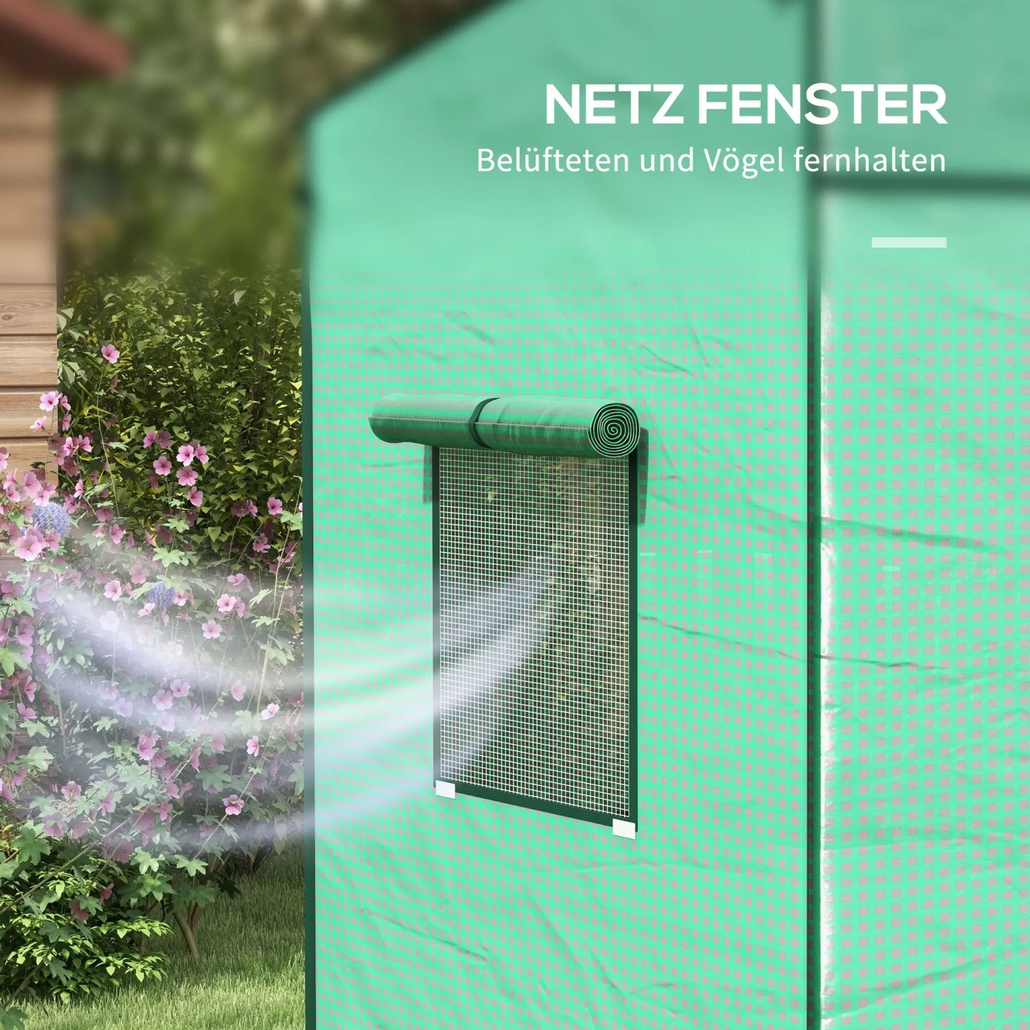Detailansicht des grünen Furnicato Tomatengewächshauses mit geöffnetem Mesh-Fenster zur Belüftung.