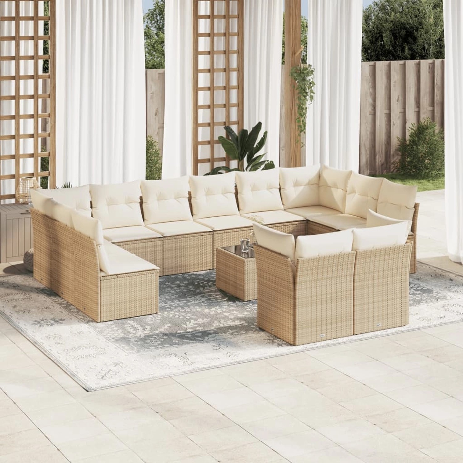 Beige 13-tlg. Garten-Sofagarnitur aus Poly Rattan mit Kissen. Gartenmöbel-Set für Terrasse und Garten.