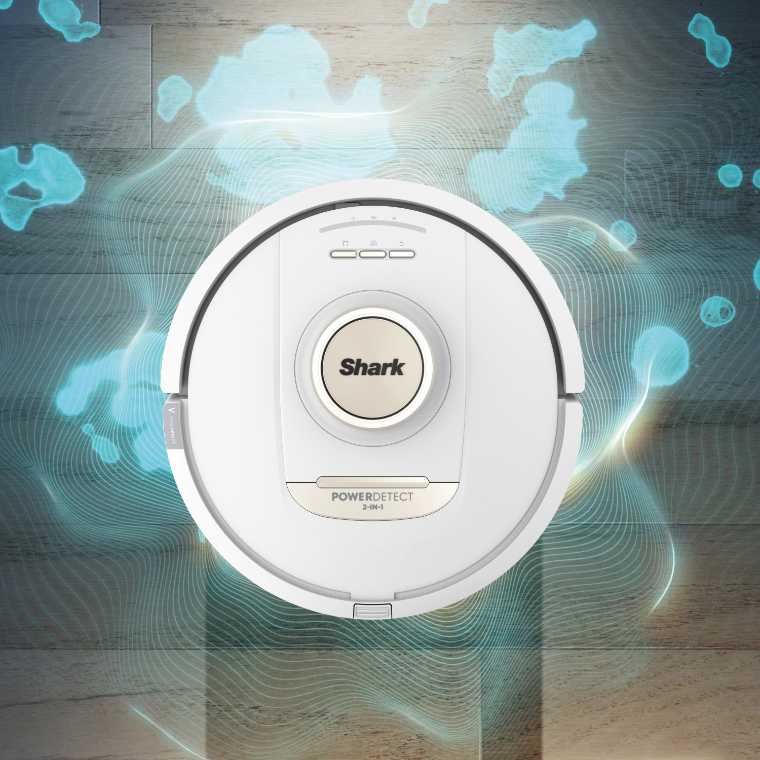 Weißer Shark Saug- und Wischroboter RV2800ZEEUWH mit Power Detect Funktion auf Holzboden.