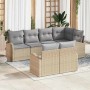 Beiges 7-teiliges Garten-Sofa-Set aus Poly Rattan mit grauen Kissen von vidaXL.