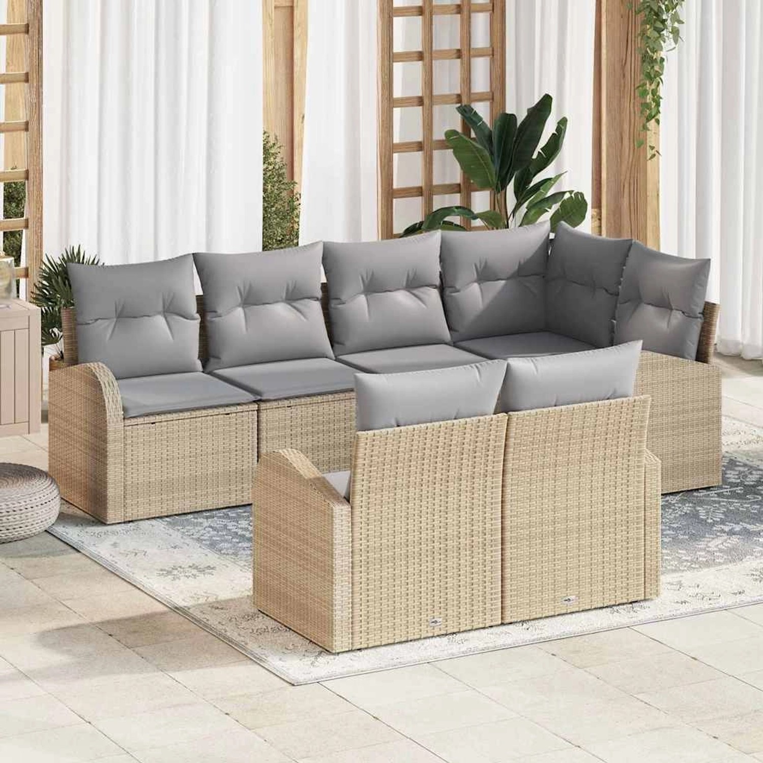 Beiges 7-teiliges Garten-Sofa-Set aus Poly Rattan mit grauen Kissen von vidaXL.
