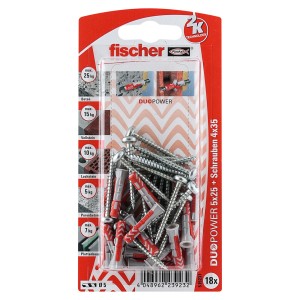 Fischer Dübel DuoPower 5x25 mit Schrauben, 18er-Packung. Dübel rot/grau, Schrauben silber.