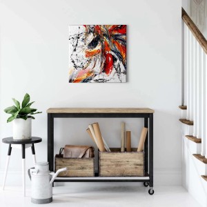 Quadratisches Leinwandbild in Weiß und Rot mit abstraktem Muster. Moderne Wanddeko für Wohnzimmer und Büro.