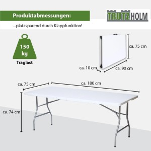 TRUTZHOLM Klapptisch 180 cm, Gartentisch aus Kunststoff und Stahl, mit Maßangaben.