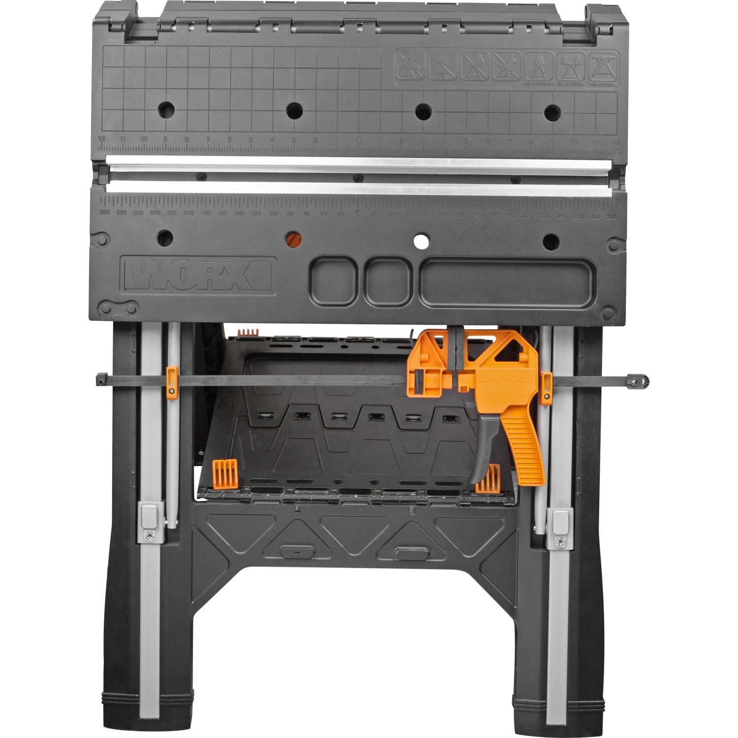 Worx Pegasus WX051 Multifunktions-Arbeitstisch, klappbar, mit Schnellklemmen und Haltern.