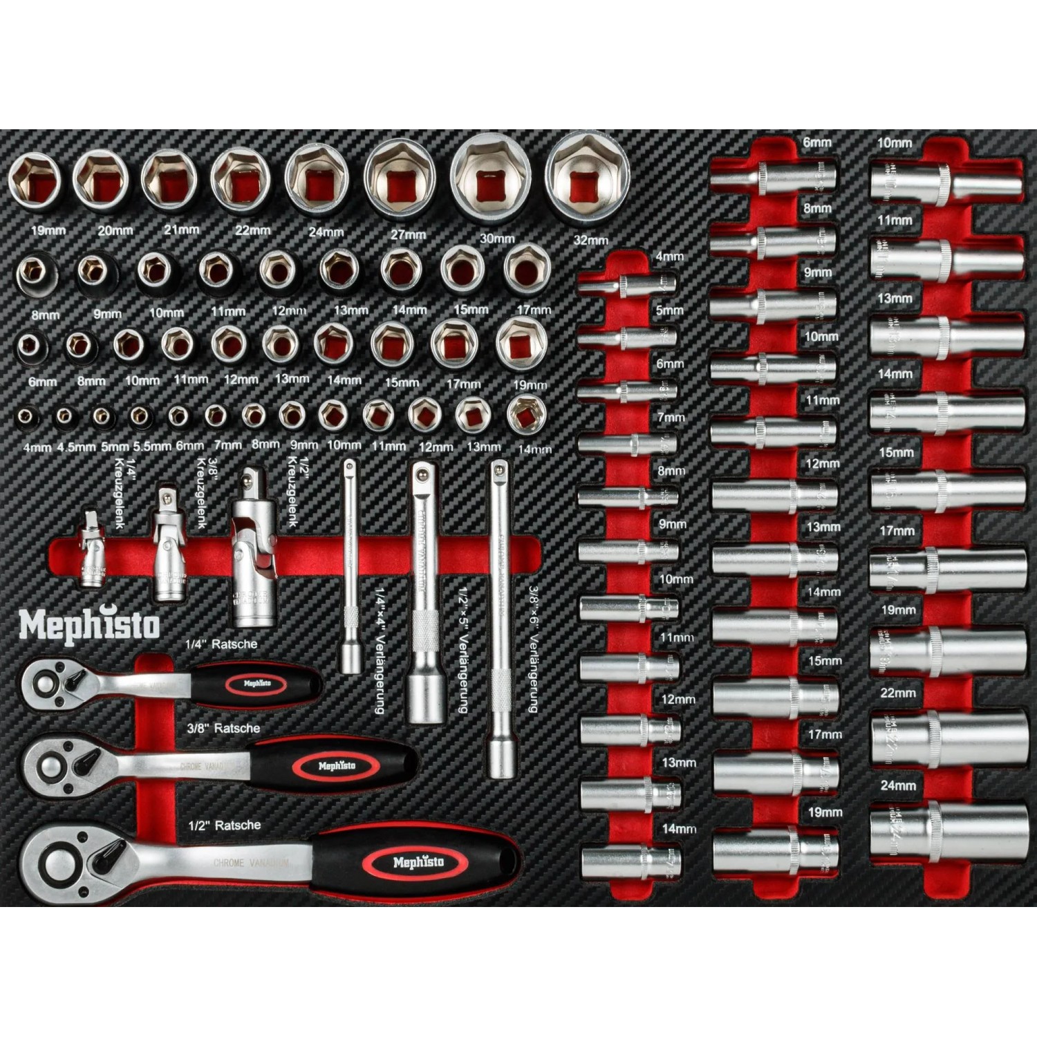 Werkzeug-Set für Mephisto Werkzeugwagen: Steckschlüsseleinsätze, Ratschen und Verlängerungen im Werkzeugwagen.