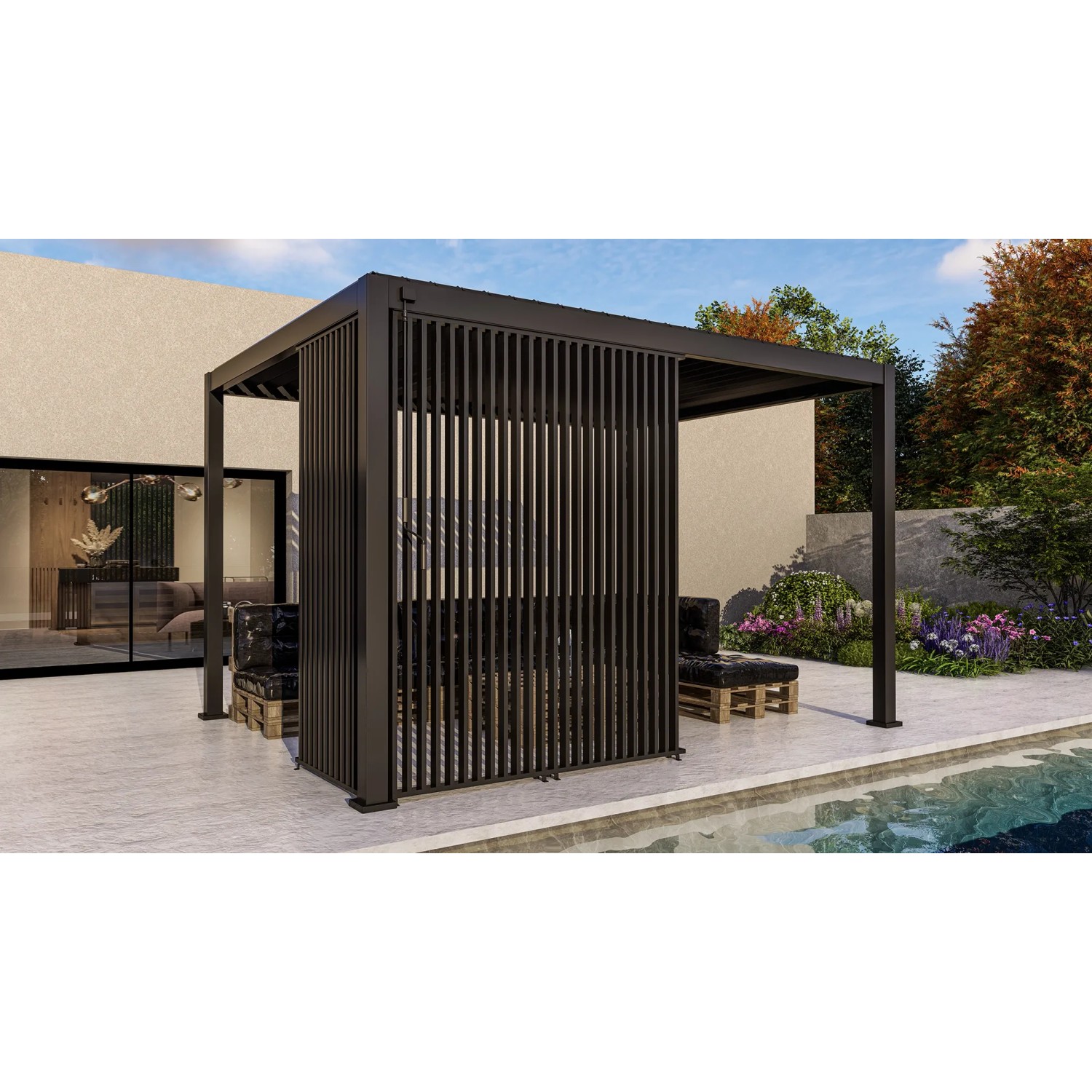 Terrassenüberdachung mit Vertical Wand 93 cm aus Aluminium, Lamellenwand für mehr Privatsphäre.