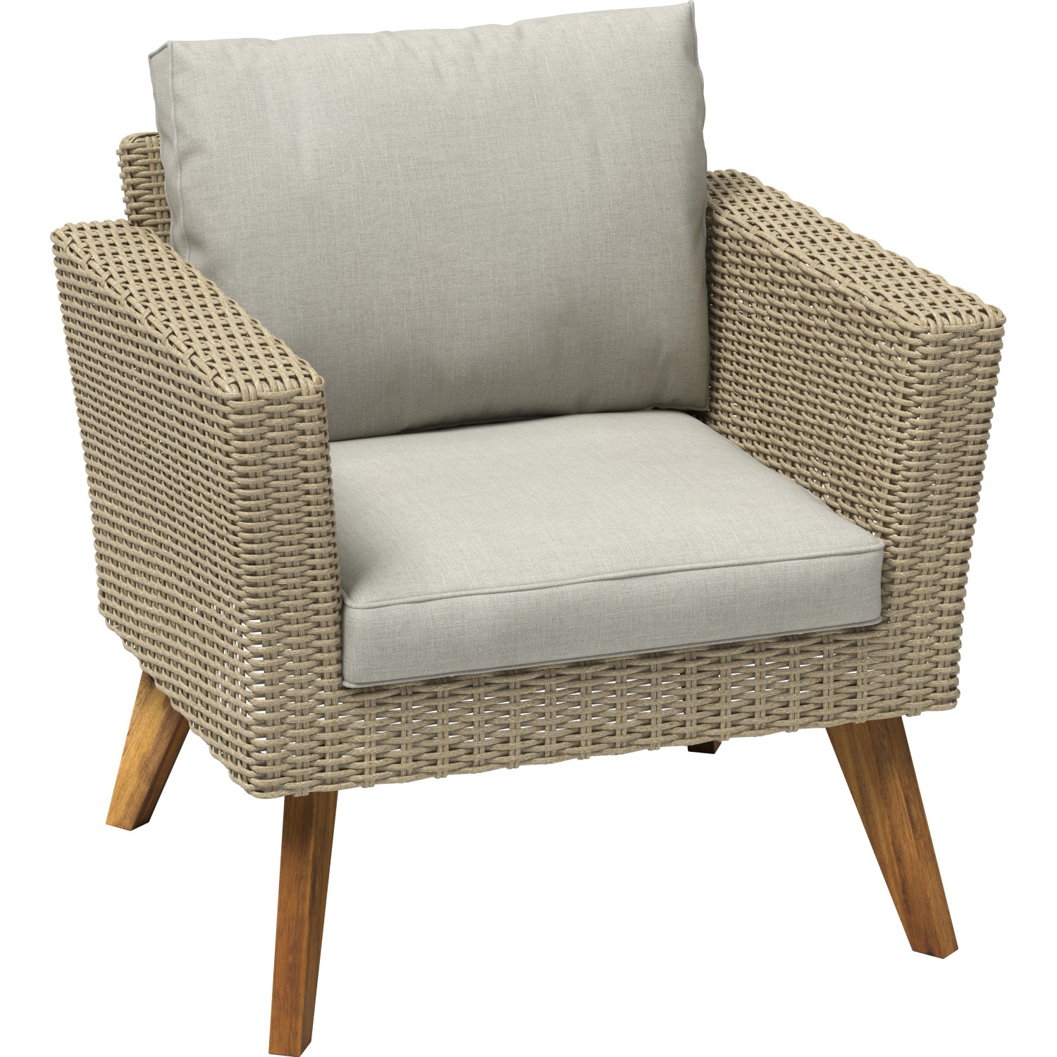 Sessel aus dem 4-teiligen Sofa-Lounge-Set Borup, Wicker Beige, mit Sitz- und Rückenkissen.