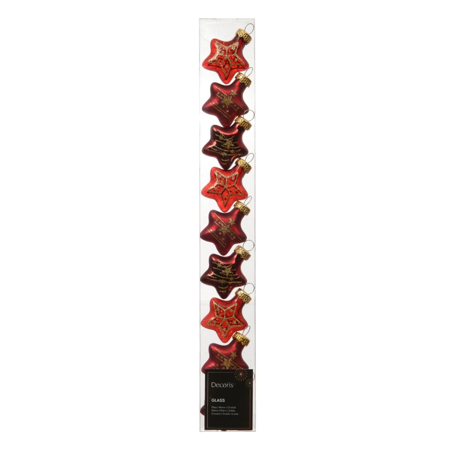 Decoris Baumschmuck Stern-Anhänger Glas 3 Designs 1,3 cm x 3 cm Rot 9-teilig