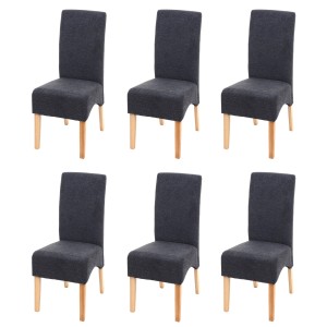6er-Set Polsterstühle "MCW Crotone" in Dunkelgrau mit hellen Holzbeinen.