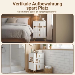 Moderner weiß-goldener Nachttisch mit 3 Schubladen, geriffelten Fronten und goldenen Beinen. Ideal für Schlafzimmer, 40x63x40cm.