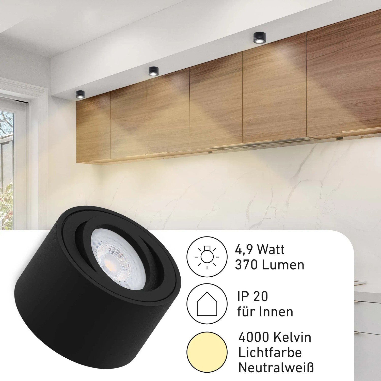 3er Set: Schwarze Oktaplex Aufbauspots Lile S mit LED-Modul, dimmbar, neutralweiß (4000K), für Lampen & Leuchten.