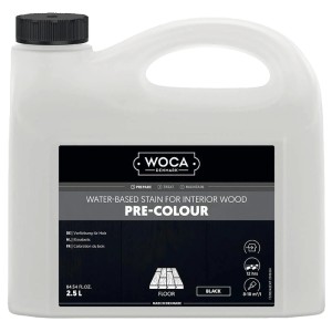Woca Pre-Colour Wasserbeize Schwarz 2,5 l in weißem Kanister. Für unbehandelte Holzoberflächen innen, betont natürliche Maserung.