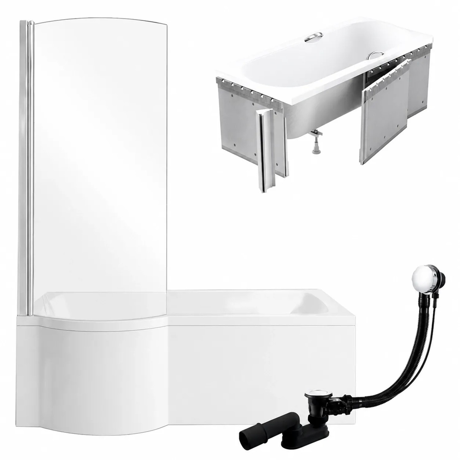 KOLMAN Badewanne Rechteck 160 x 70 Cm Links Mit Styroporverkleidung Inkl. Ablauf Und Füße Mit Glasabtrennung
