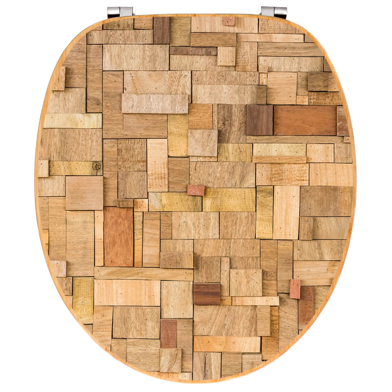 Banjado WC-Sitz Bambus mit Motiv Hölzernes Flickwerk. Toilettendeckel aus Bambusholz mit Universal Scharnieren.