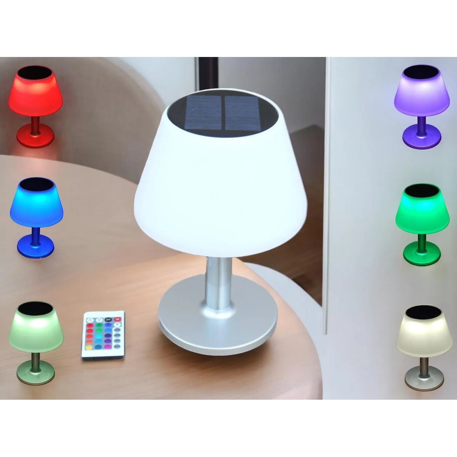 Dapo Solar Tischleuchte Jolla mit bunten LEDs und Fernbedienung, verschiedene Farbvarianten.