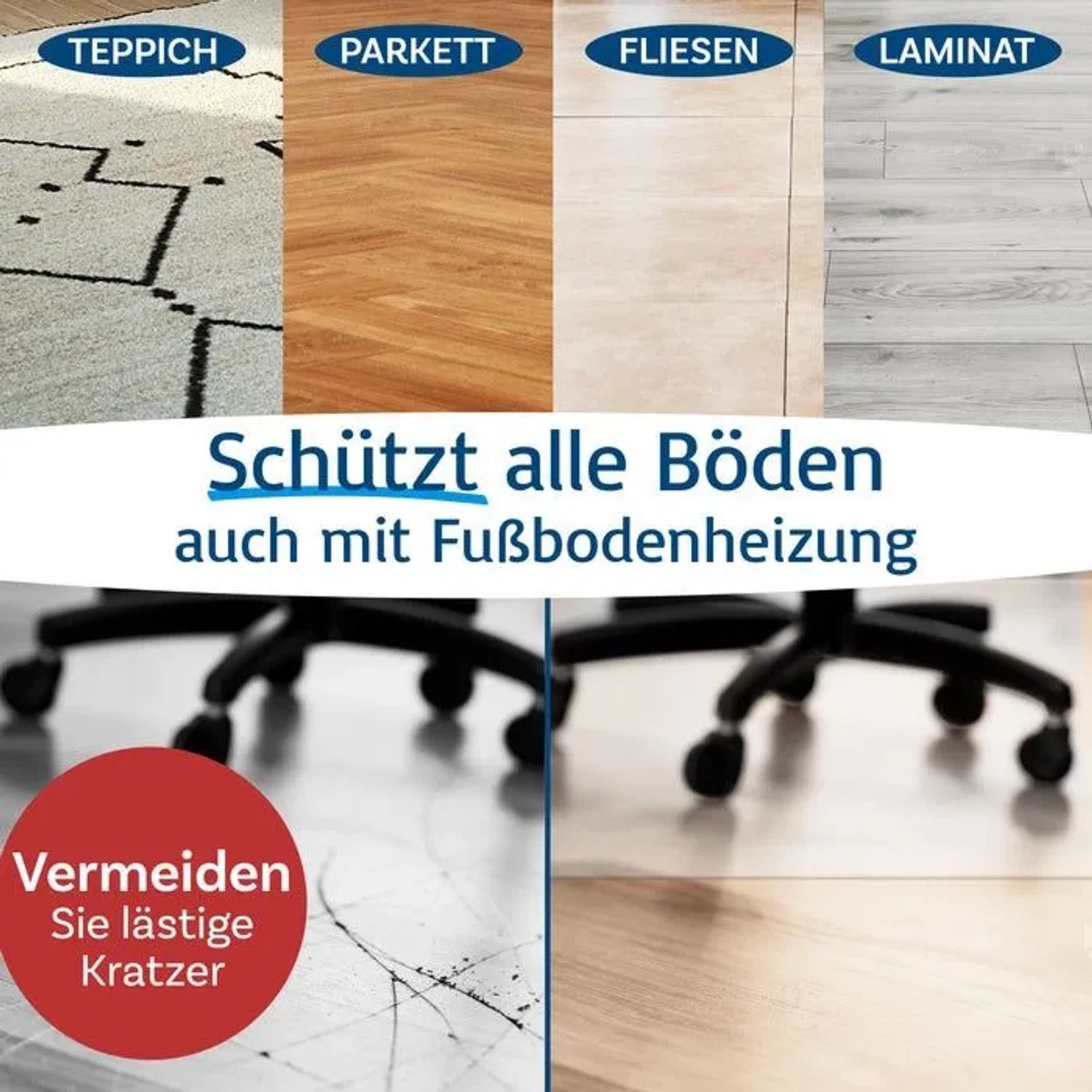 Bodenschutzmatte transparent für Hartböden: Schutz vor Kratzern unter Bürostuhl auf Teppich, Parkett, Fliesen und Laminat.