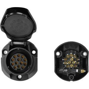 LAS 13-polige Steckdose für PKW Anhänger, Kunststoff, mit geöffnetem und geschlossenem Deckel.