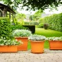 Terracottafarbene Florus Pflanztöpfe Cilindro (Ø 47 cm) mit Bepflanzung im Garten.