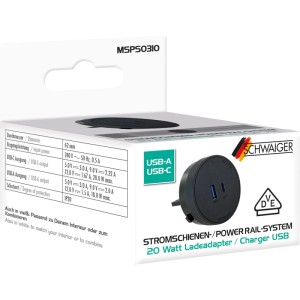 Schwaiger Stromschienen-Plug MSPS0310, schwarze Steckdose mit USB-A/USB-C Anschluss.