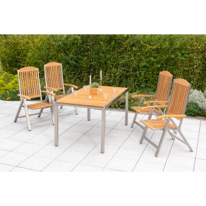Merxx Keros Gartenset, 7-teilig: Ausziehbarer Tisch und Klappsessel aus Akazienholz und Edelstahl.