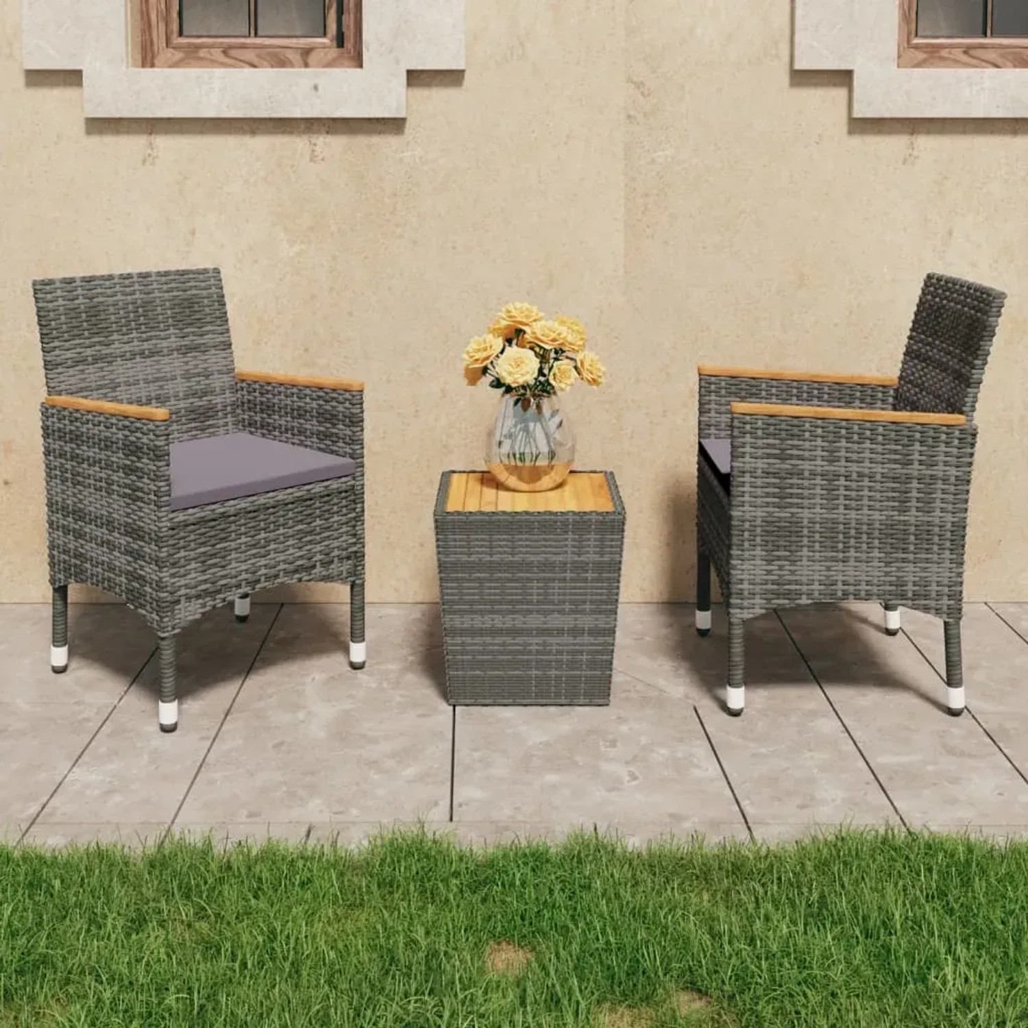 Graues 3-tlg. vidaXL Bistro-Set aus Rattan und Akazienholz für den Garten.