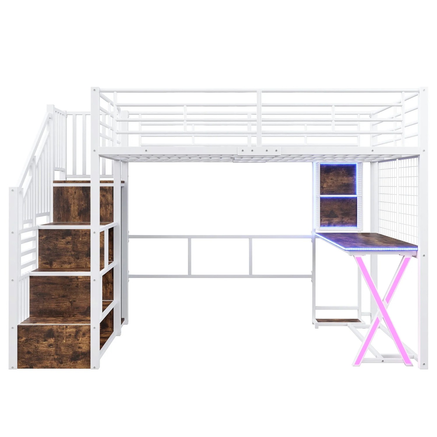 Merax Hochbett 140x200 cm Mit LED Schreibtisch Kleiderschrank Regalen Weiß