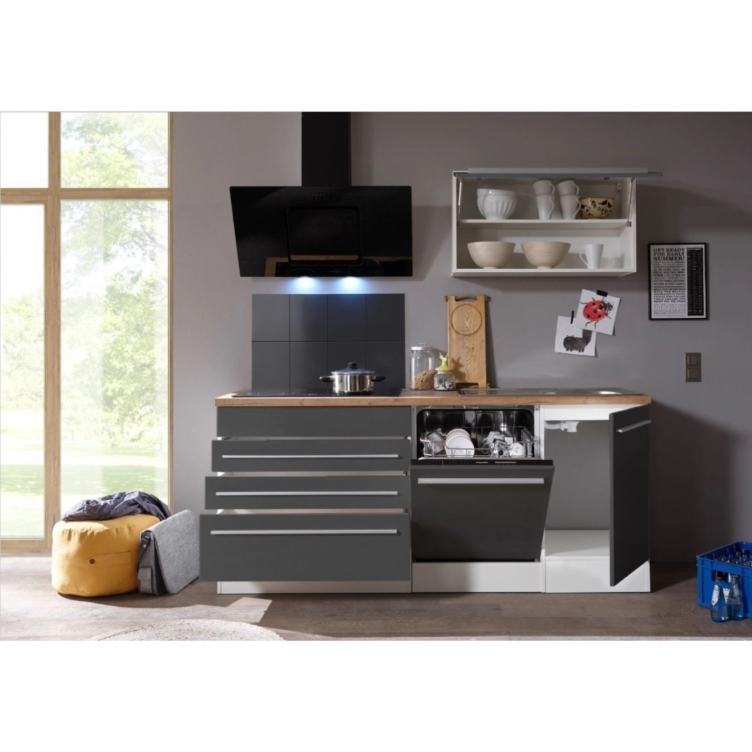 Respekta Premium Küchenzeile 320 cm in Grau-Weiß Hochglanz mit E-Geräten und Geschirrspüler.