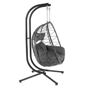 Grauer Juskys Doppel Hängesessel Aria aus Polyrattan mit Gestell für Garten oder Wohnbereich.
