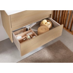 Fackelmann Waschtisch-Set Compact Line, Eiche, mit offener Schublade und Badutensilien.
