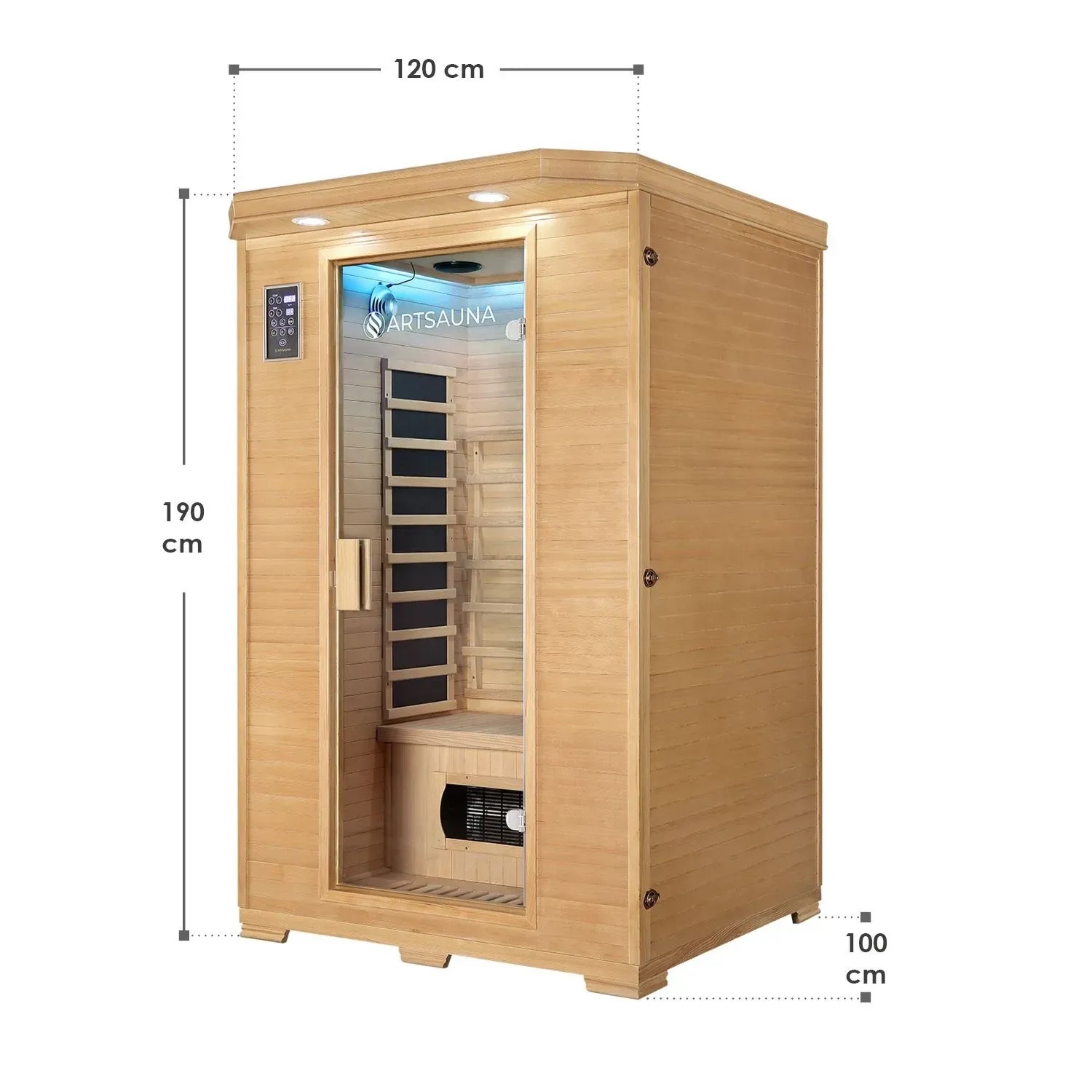 Artsauna Infrarotkabine Oslo aus Hemlockholz mit Glasfront und Maßangaben.