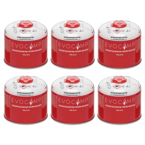 6er-Pack Evocamp Gaskartuschen mit Schraubventil für Campingkocher und Gasgrills.